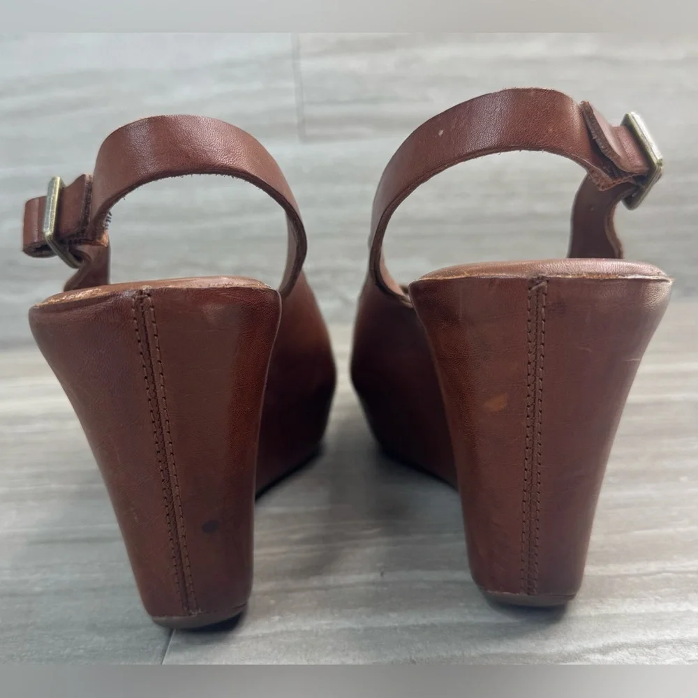 Kork-Ease Brown Leather Peep-Toe Wedge Slingbacks